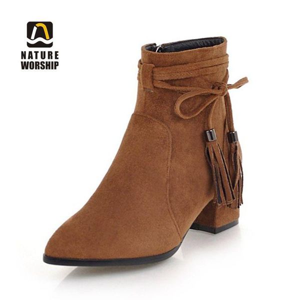 

winter women ankle short boots plus size shoes flock nubuck solid fashion worm fleeces inside round toe lace-up zipper fringe, Black