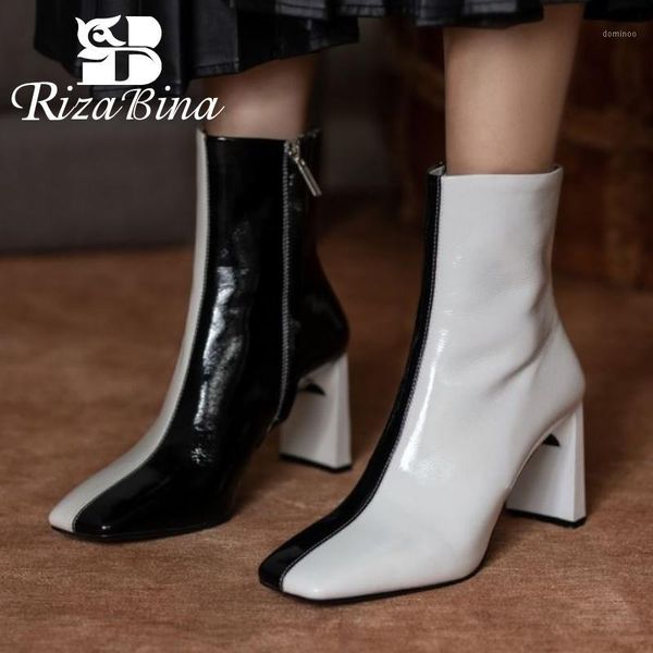 

rizabina women genuine leather ankle boots mixed color zipper square toe thick high heel party shoes outdoor fashion size 34-401, Black