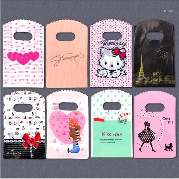 

50pcs/lot multi pattern available small plastic bag with heart handle plastic gift bag mini jewelry packaging pouch1