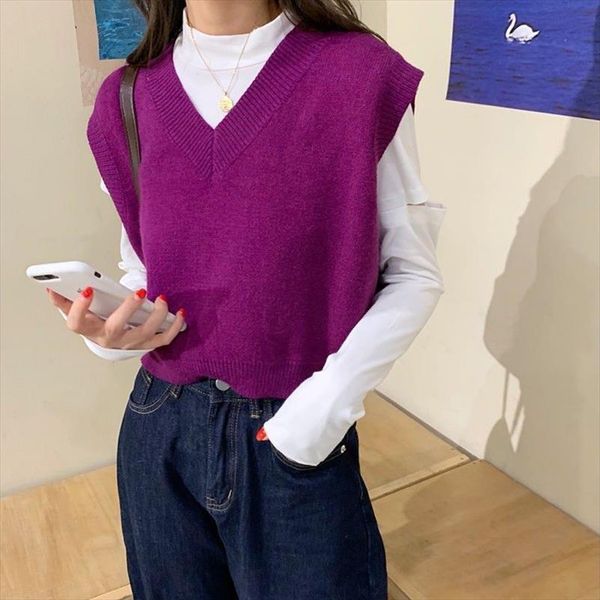 

casual tank women autumn 2020 korean style casual v neck knitted sweater vest sleeveless pullover woman sweaters t501, White;black