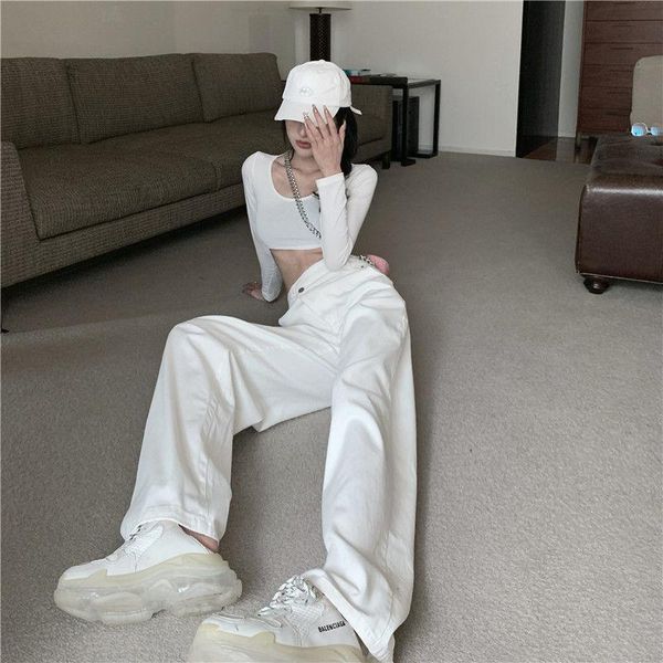 

women's jeans white women high waist wide leg pants spring and autumn loose straight vertical, Blue