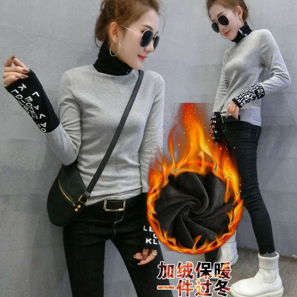 

women's thickened frosted long sleeve t-shirt flannel autumn and winter new 2020 high collar contrast warm bottom coat, Black;gray