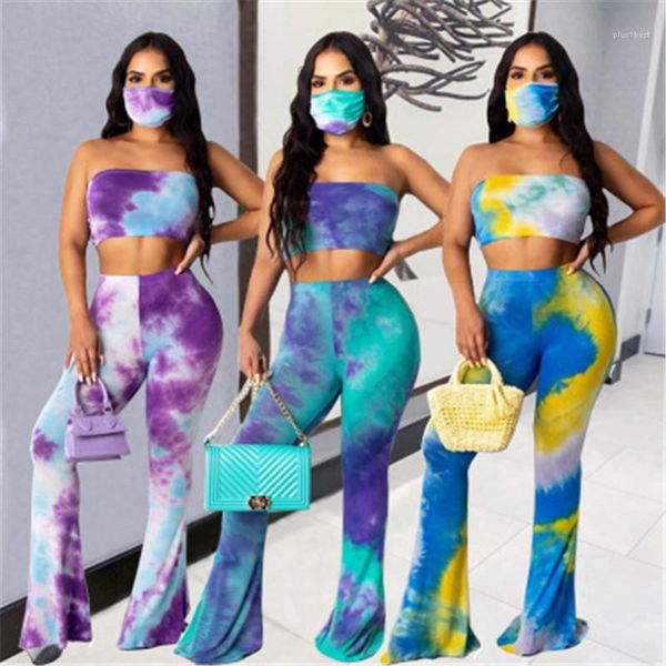 

tracksuits ladies tie-dye 2pcs sets fashion trend breast wrap strapless tee tshirts suits designer female casual no mask trousers sports, White