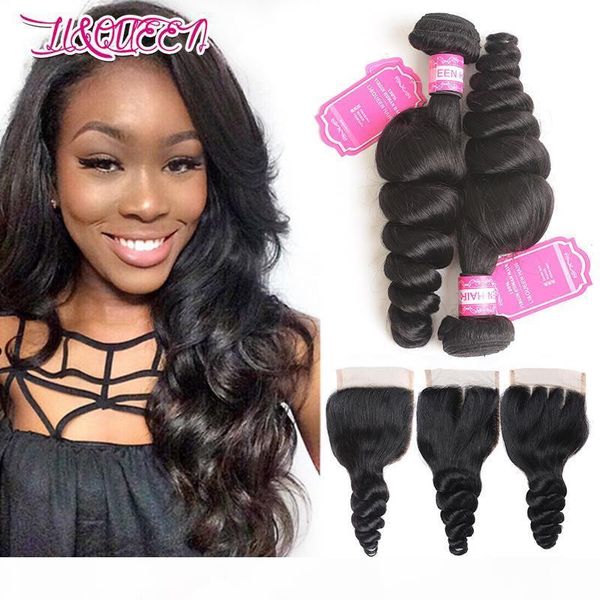 

3pcs indian human hair loose wave 4x4 closuer with bundles hair extensions unprocessed loose wave double weft wavy from li queen, Black;brown