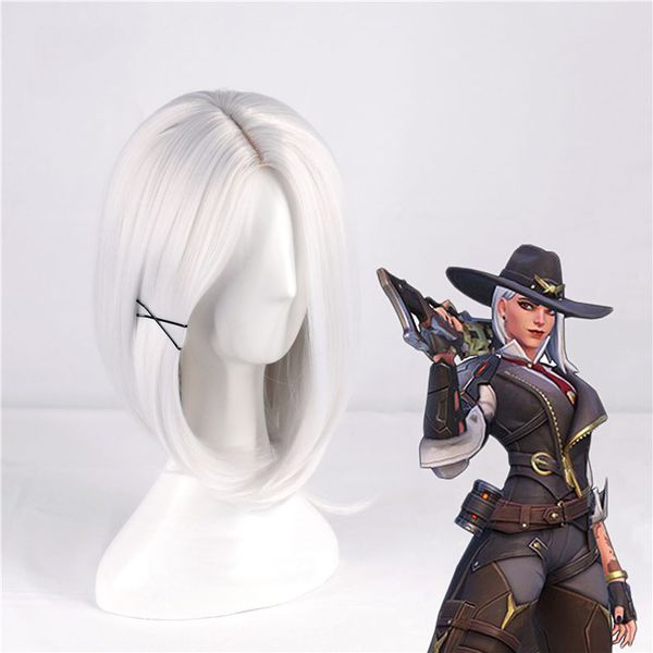 Ashe Cosplay Peruk Sliver Beyaz Renk Orta Düz Cosplay Peruk Isıya Dayanıklı Sentetik Saç Peruk Kadınlar