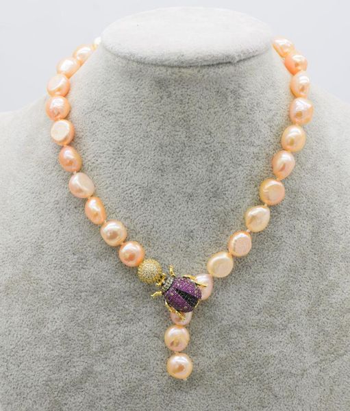 

freshwater pearl necklace pink purple baroque 10-13mm & zircon insects hook 16inch nature beads fppj wholesale, Silver