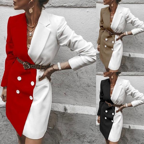 

lady fashion slim contrast blazer stylish mid-length coat office lady suit blazer double breasted suit winter clothes women 1, White;black