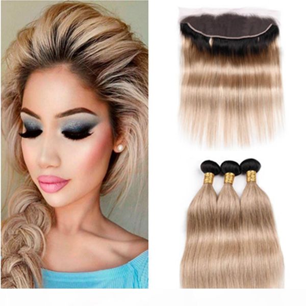 

honey blonde ombre peruvian human hair straight weave bundles with frontal #1b 27 dark root blonde ombre lace frontal 13x4 with weaves, Black;brown