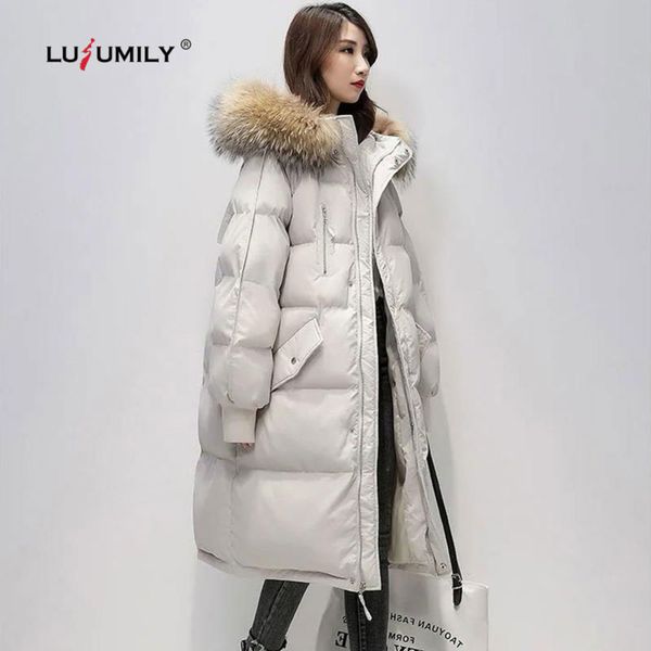 

lusumily 2020 winter women's jacket big fur hooded thick warm parkas loose plus size 2xl long down jackets female coat, Black
