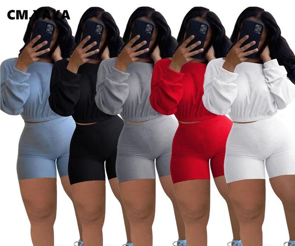 

cm.yaya active knit two 2 piece set for women fall winter fitness outfit slash neck sweater + shorts set ribbed tracksuit, Gray