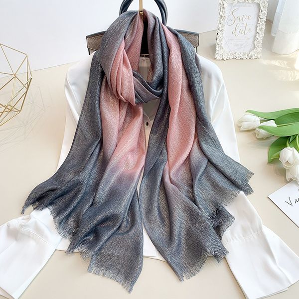 

new fashion plain ombre lurex glitter viscose scarf shawl lady gradient pashmina fringe stole bufandas muslim hijab t200407, Blue;gray