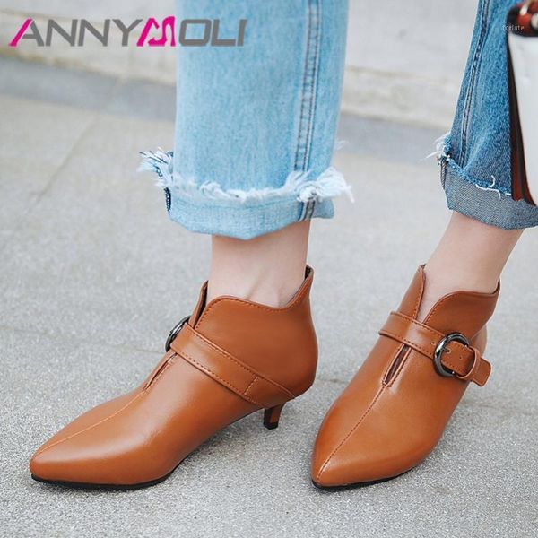 

annymoli pointed toe woman boots med heel ankle boots stiletto heel short buckle female shoes autumn winter black size 461