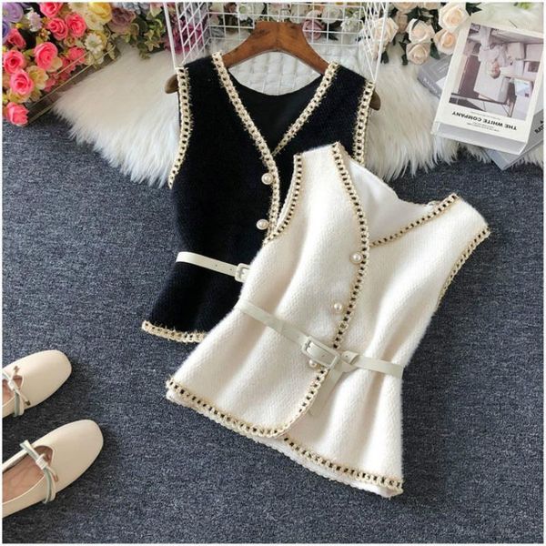 

2021 spring korean fashion slim woolen vest women elegant with belt sleeveless outerwear single-breasted casual coat vest y2161, Black;white