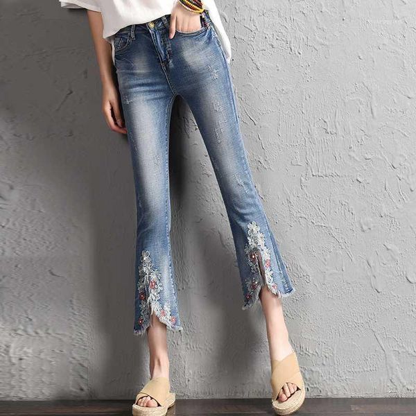 

women's jeans woman high waist skinny flare pants korean style retro embroidery slit elastic office lady slim female ankle-length pants, Blue