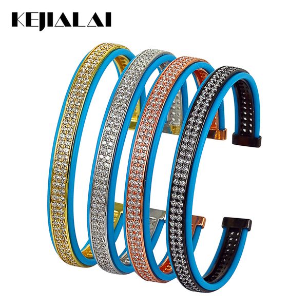 

bangle 2021 fashion men jewelry leather blue genuine pave with double lines clear zirconia cuff adjustable, Black
