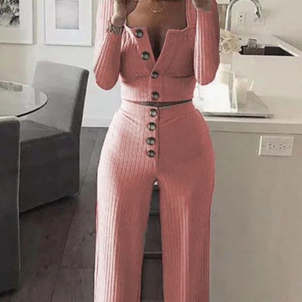 Moda- Mulheres Designers roupa rosa Botão Casual Suit Long Sleeve Calças Sexy Mulheres Roupa Womens Two Piece define Mulheres Treino