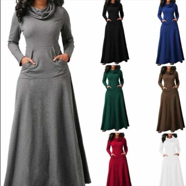 

plus size women long maxi dress casual turtleneck pullover sweatshirt dresses female sweatshirts maxi vestidos robe femme 2021, Black;gray
