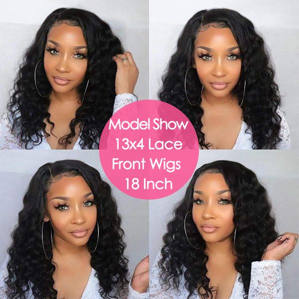 

30 inch 13x4 lace front wigs loose deep wave brazilian natural color remy human hair t part lace wig for black women, Black;brown