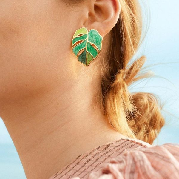 

aensoa tropical plant shape green enamel leaf drop earrings monstera leaf pendant earrings for women summer party jewelry gift1, Silver