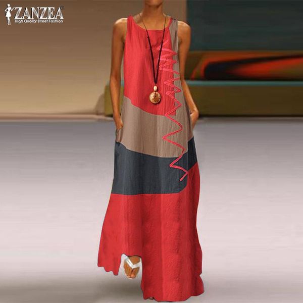 

summer party sundress zanzea 2020 women color stitching long vestidos vintage casual sleeveless cotton tank dress female robe, Black;gray