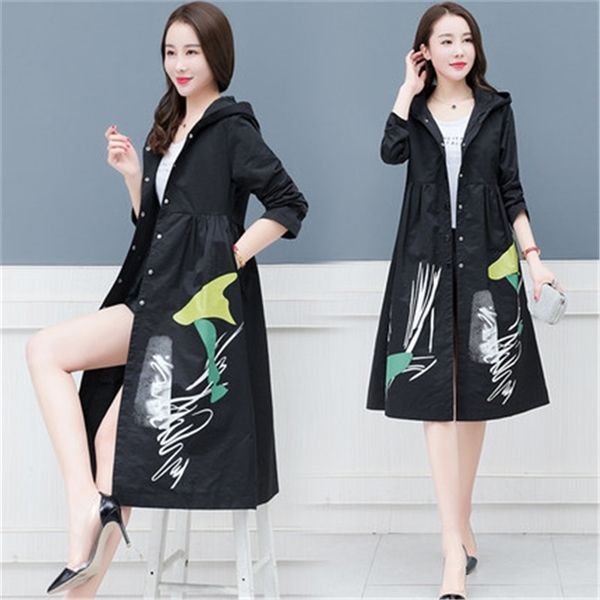 

2020 new womens spring autumn long trench coats women single-breasted print hooded windbreaker femme outerwear x864 1028, Tan;black