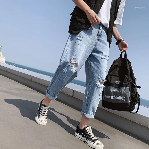 

thin section hole jeans men's fashion washed solid color casual straight jeans streetwear hip hop loose hole denim trousers mens1, Blue