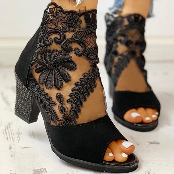 

lapolaka dropship big size 43 high heels lace mesh peep toe ankle boot summer elegant women's 2020 office lady sandals shoes, Black