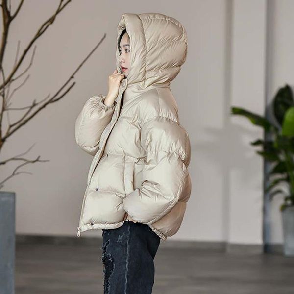 

and winter new 20100 long sleeve commuting literature and art white duck down down jacket loose hooded jacket for women, Black