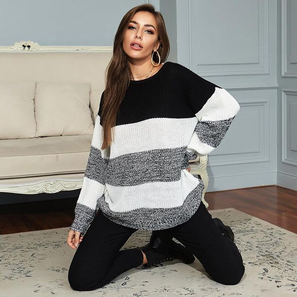 

black and white knitwear women autumn winter contrast stripes round collar stitching loose lazy wind knit sweater female, White;black