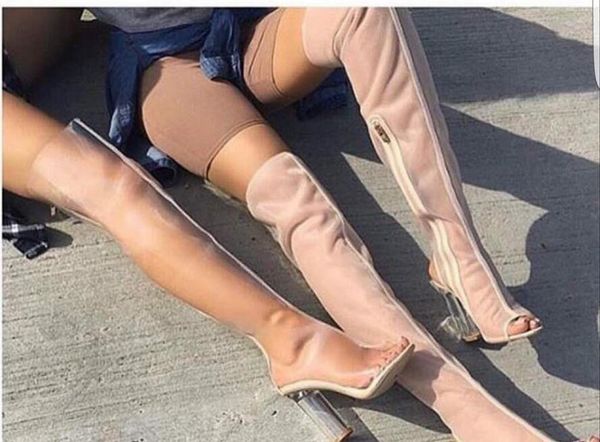 

сексуальные женщины peep toe сетки пвх сапоги красивые гладиатор сандалии сапоги transparent высокий каблук над коленом ясного пятки женщина, Black