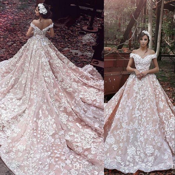 

luxury wedding dresses blush pink off shoulder white lace appliques beads 3d flowers off shoulder cathedral train formal bridal gowns