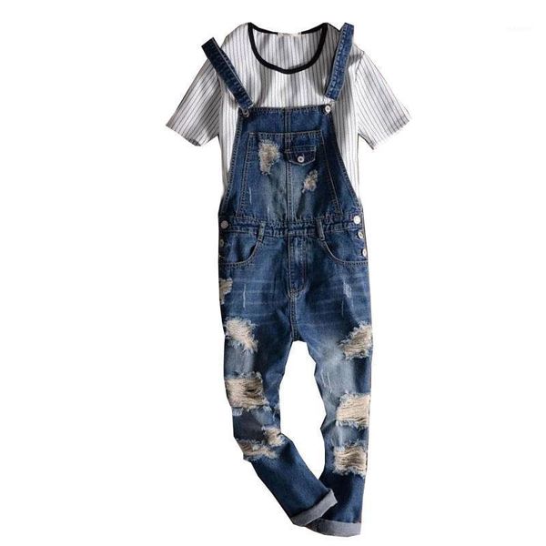 

2020 new male suspenders new casual light blue denim overalls ripped jeans pockets men's bib jeans boyfriend jumpsuits size 5xl1