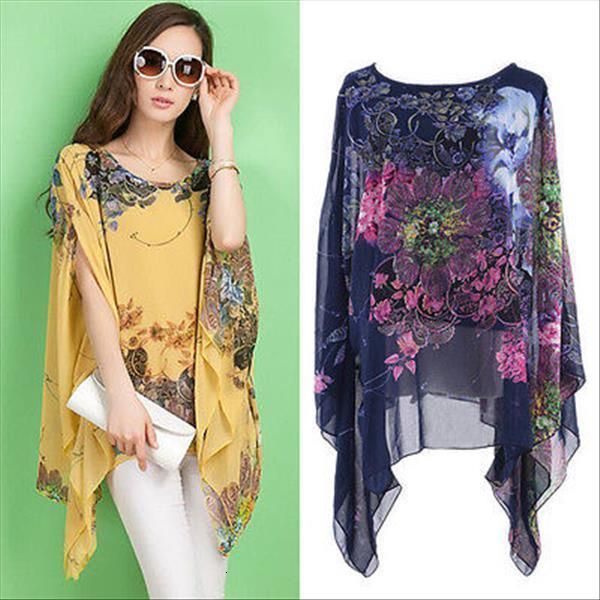 

blusas feminino new summer casual fashion floral women ladies batwing sleeve loose chiffon floral printed blouse, White