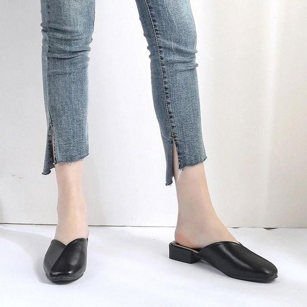 

fashion summer slippers shoes women 2020 casual high heel closed toe mules chunky heel wild flip flops slides sandals #id1z, Black