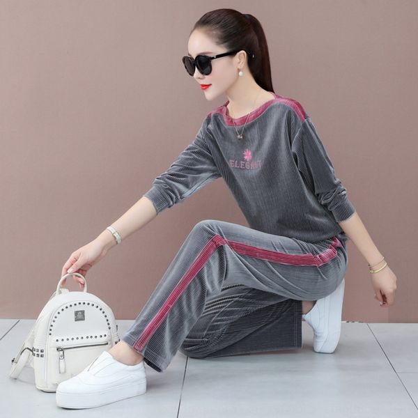 

s080438 gold velvet leisure sports suit women 2020 autumn gold two-piecevelvet two-piece new korean loose round neck two piece set otgqx otg, Gray