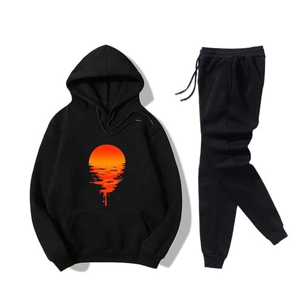 

new fashion sunset printed hoodies and sweatpants set for women two piece casual loose gym activewear female ropa deportiva, Black;blue