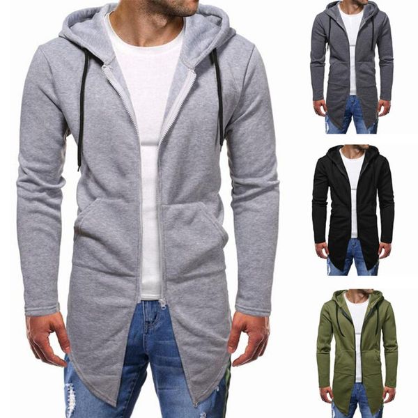 

men's trench coats men solid color cardigan autumn winter warm fashion long sleeves side pockets drawstring irregular hoodie with hood, Tan;black