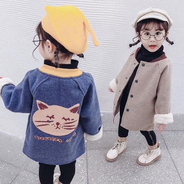 

baby girls jackets autumn winter cartoon cat wool jackets girls long woollen coats children outerwear 2-8 years kids warm, Blue;gray