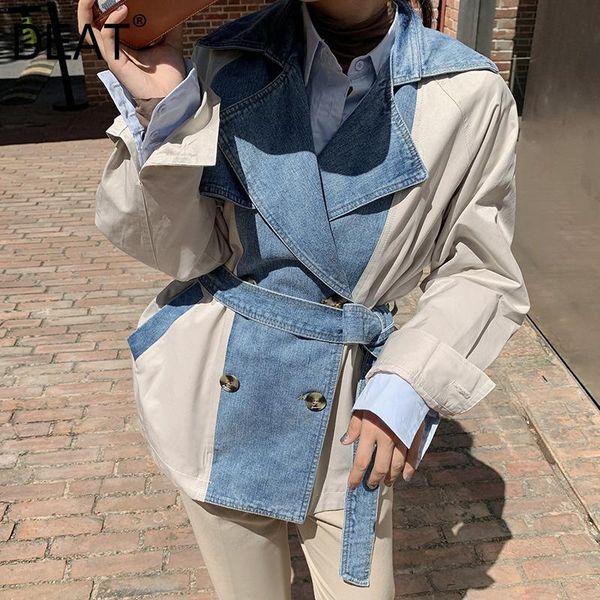

deat 2021 new autumn fashion jackets women denim patchwork lapel collar loose streetwear with belt hit color slim coat ht166, Black;brown