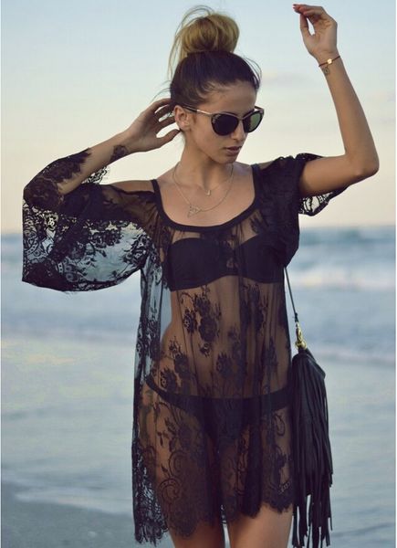 

women summer beach lace crochet dress see through black white o-neck suspender dresses clothing for holiday, Black;gray