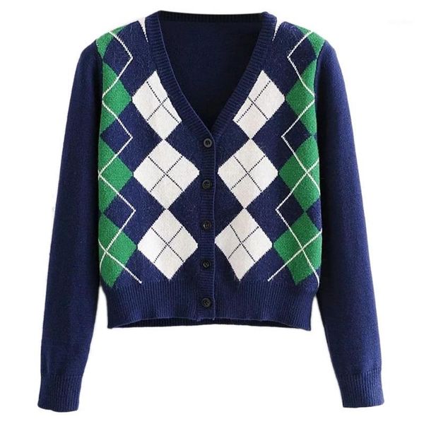 

women vintage slim sweater cardigan rhombus pattern v-neck buttons knitted coat y1ac1, White