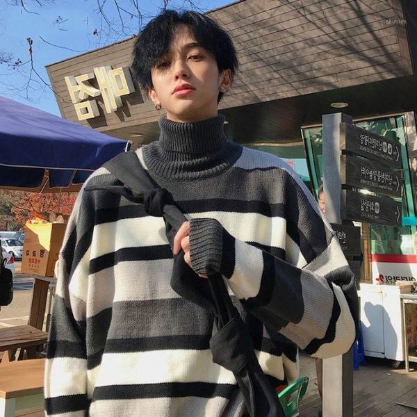 

men's sweaters padegao men's high neck striped simple loose combinable 2xl harajuku korean stylish mens clothing fashionable pdg18, White;black