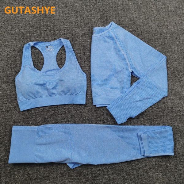 

yoga outfits gutashye 3pcs women seamless set workou fitness sports suits long sleeve crop high waist leggings workout clothing, White;red