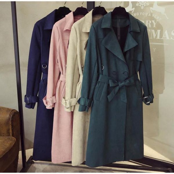 

fashion women suede trench coat 2020 new spring autumn slim with belt meidum long windbreaker ladies overcoat korean clothing, Tan;black