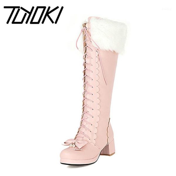 

boots tuyoki women knee platform high heel winter shoes woman fashion long boot plush fur footwear size 34-431, Black