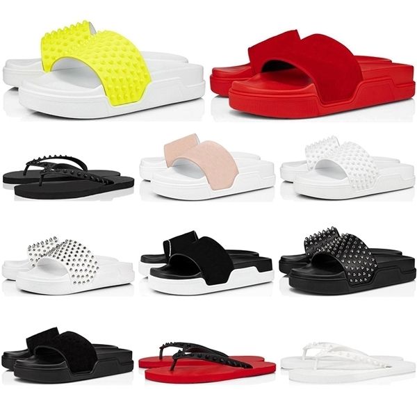 

2020 red bottoms flip flops leather slippers slides sandals men women triple black white yellow pink spikes summer mens rivets sandals