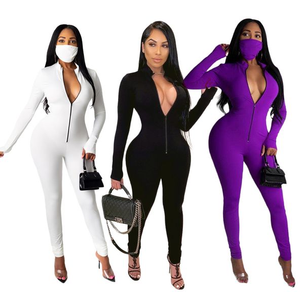 

solid color zipper womens jumpsuits stand neck long sleeve 3 colors option women rompers casual slim clothing, Black;white