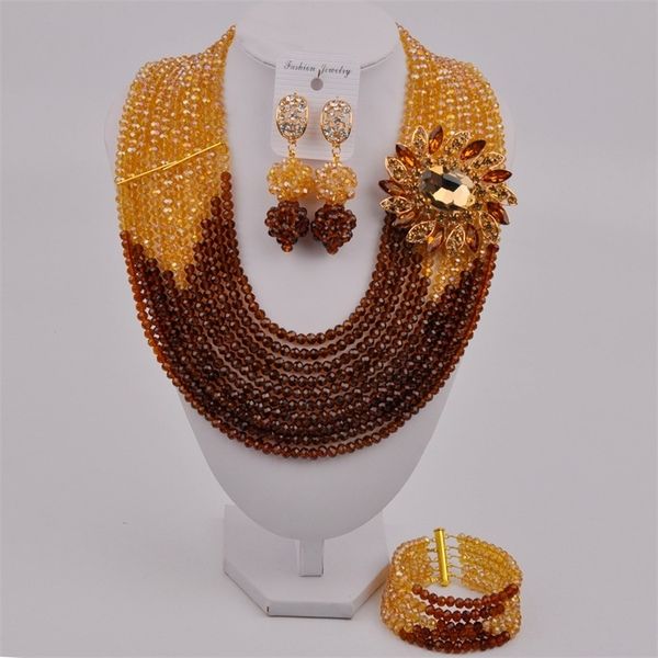 

fabulous chocolate brown gold champagne crystal nigerian traditional wedding african beads jewelry set abd397 201222, Slivery;crystal