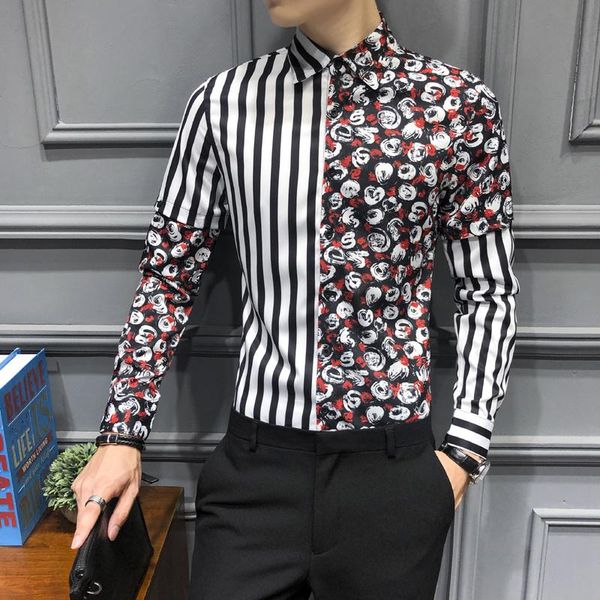 

2020 new style male slim fit leisure pure cotton long sleeve shirts/men's color matching hip hop shirts s-3xl, White;black