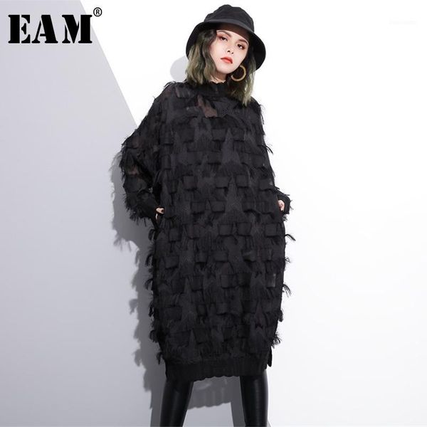 

eam] 2018 new autumn winter stand collar long sleeve perspective black loose tassels big size dress women fashion tide ji7801, White;black